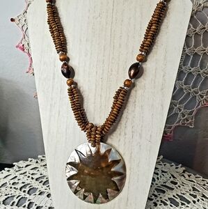 Vintage Jessica Ash carved shell and wood beaded necklace